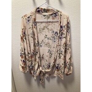 Altar'd State Boho Gauzy Kimono Duster Pink Floral Tie Front 3/4 Sleeves Size M